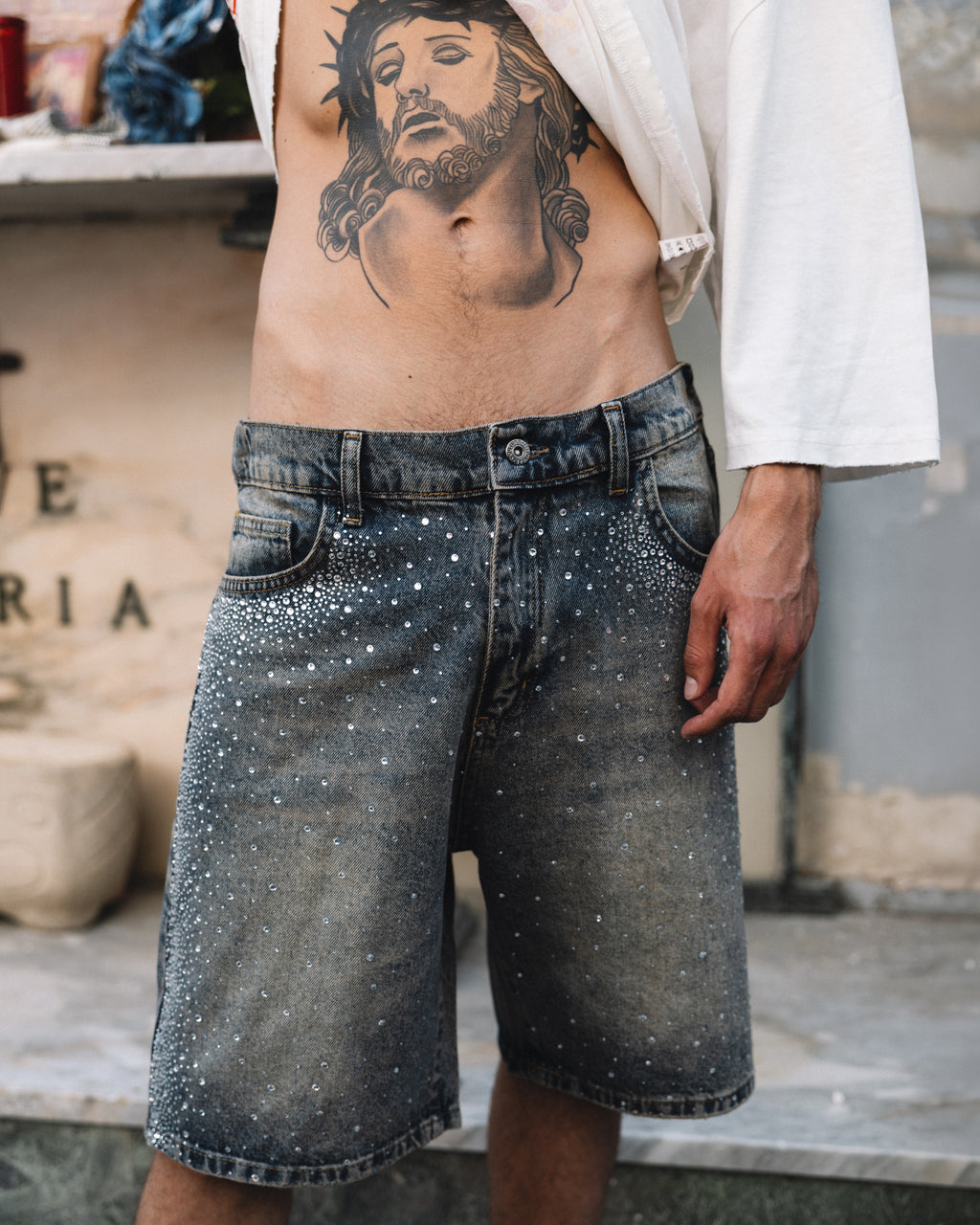 Bermuda in denim full crystal Blue