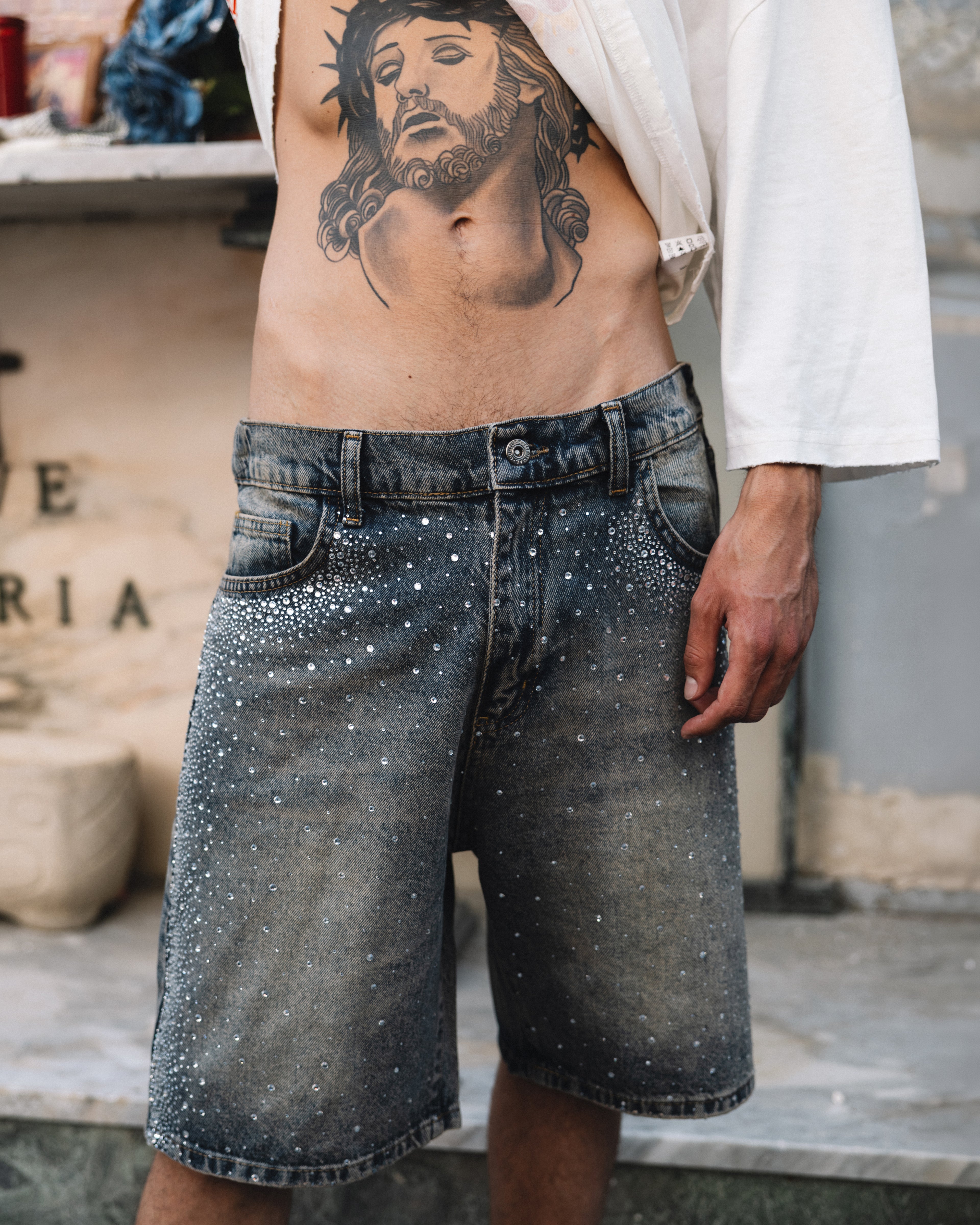 Bermuda in denim full crystal Blue
