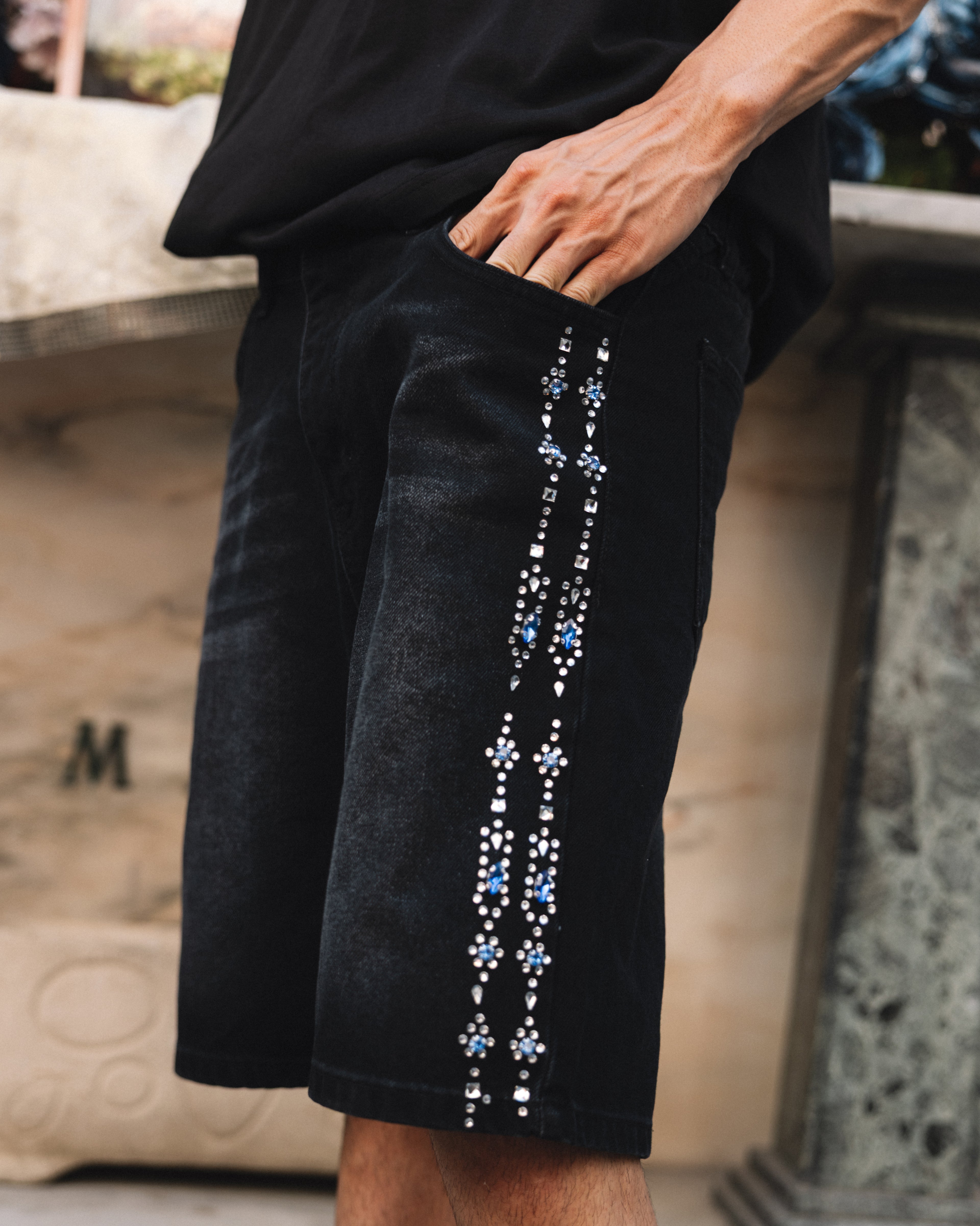 Bermuda in denim con applicazioni strass laterali Black