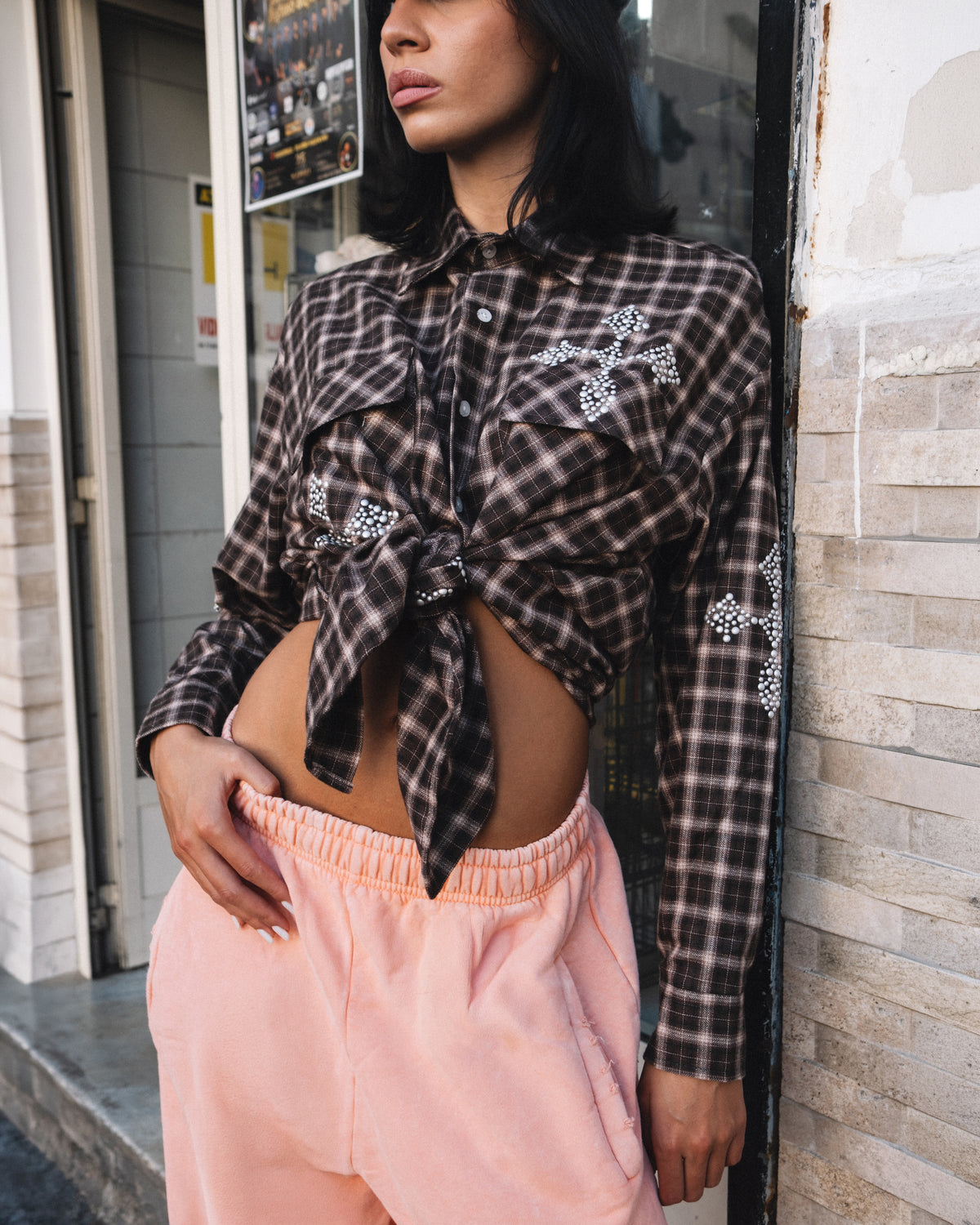 Camicia Fantasia Quadri e borchie Brown