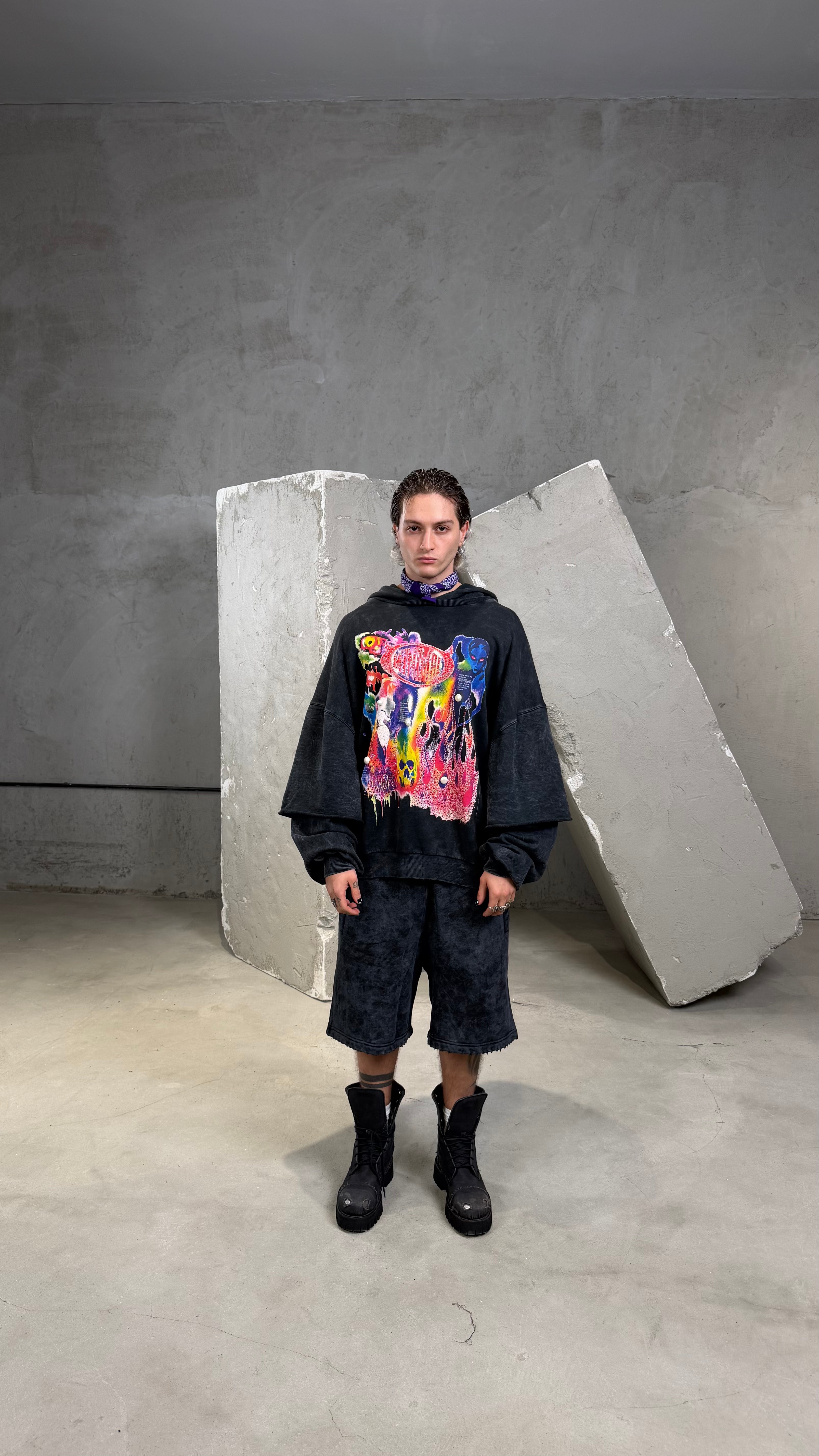 Double Sleeved Washed Hoodie Flame print