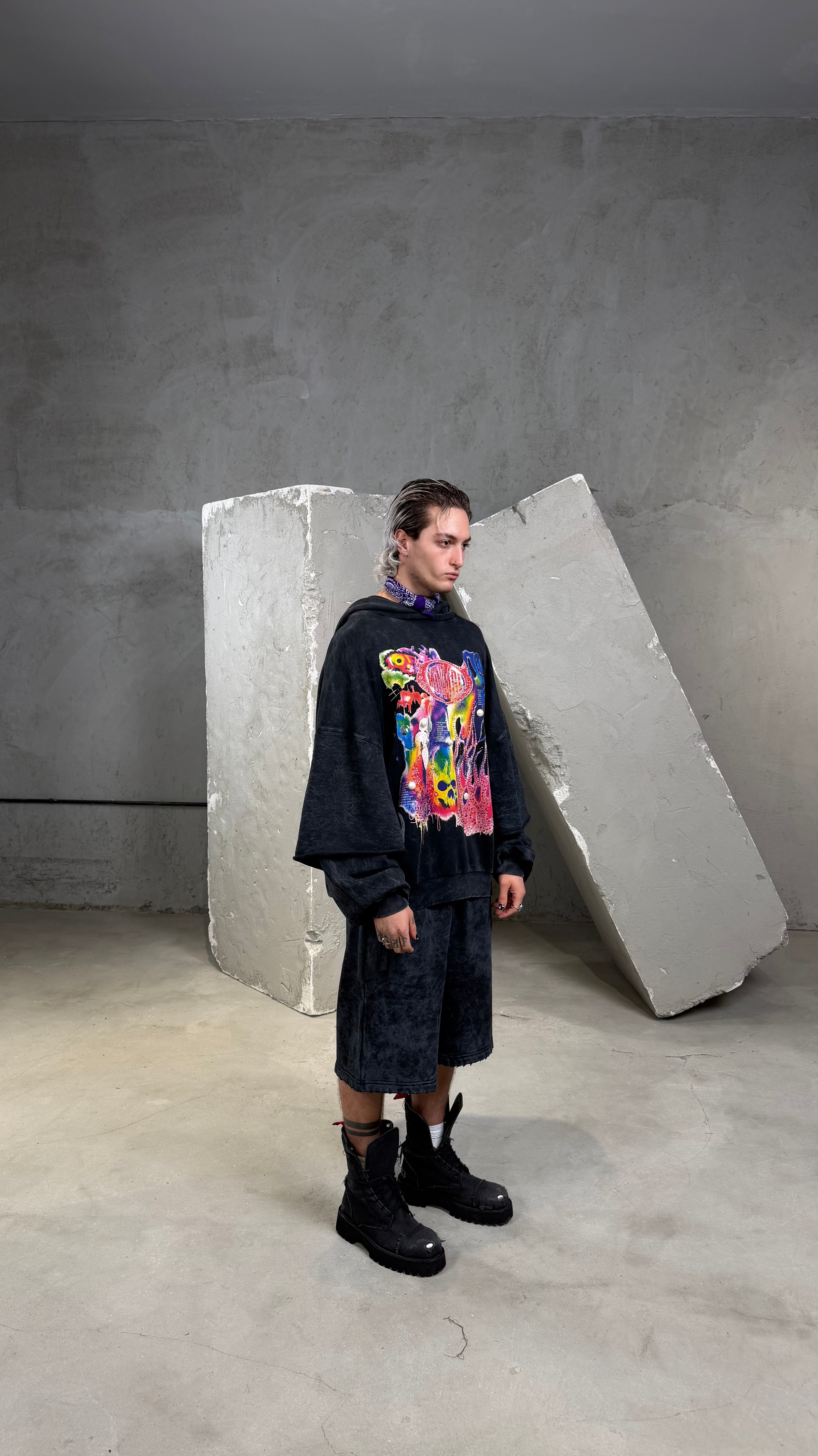 Double Sleeved Washed Hoodie Flame print