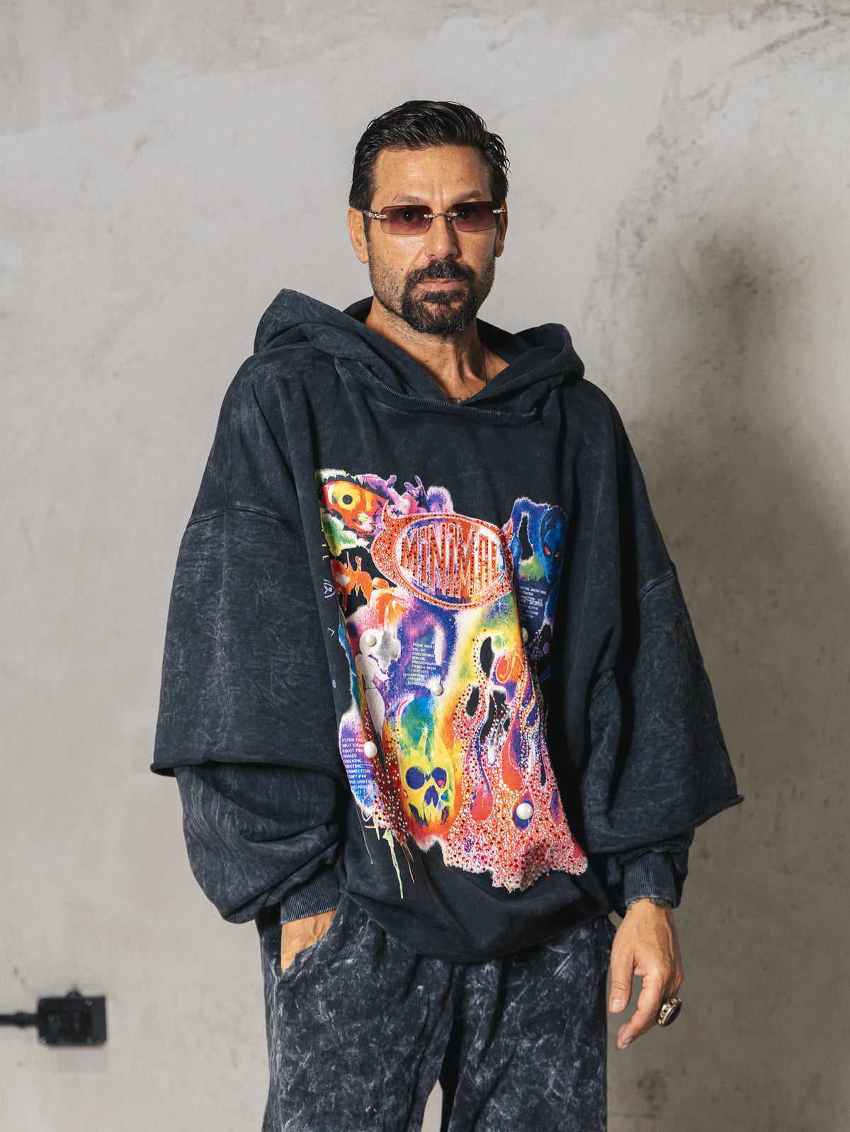 Double Sleeved Washed Hoodie Flame print