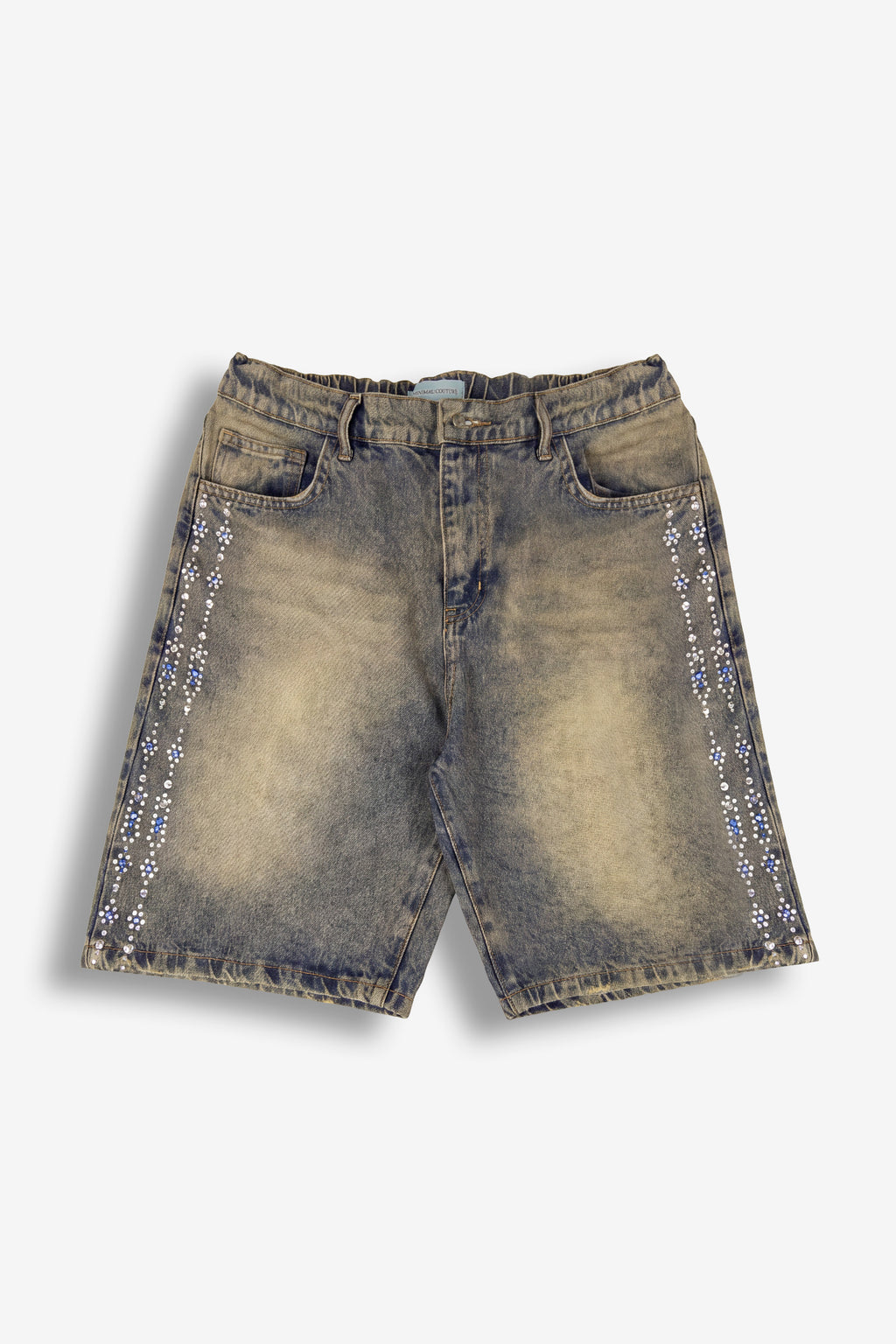 Bermuda in denim con applicazioni strass laterali Blue